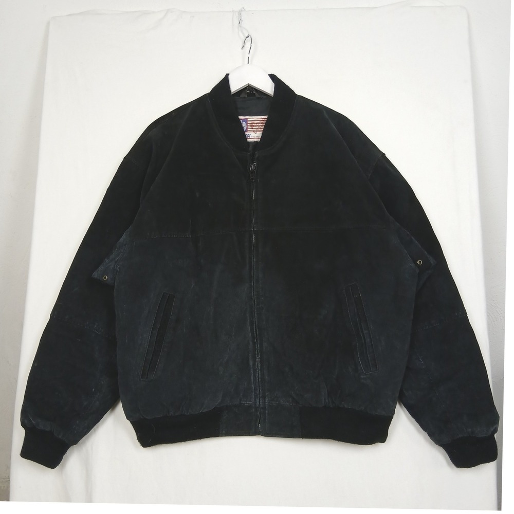 Vintage Protocol Black Suede Leather Bomber Jacket Full Zip Mens XL Heavyweight